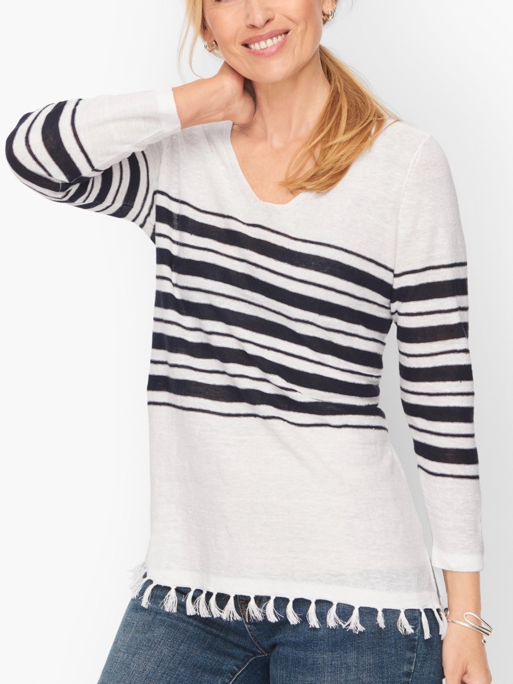 Talbots 3/4 Sleeve Tassel Hem Linen Sweater White Stripe Large